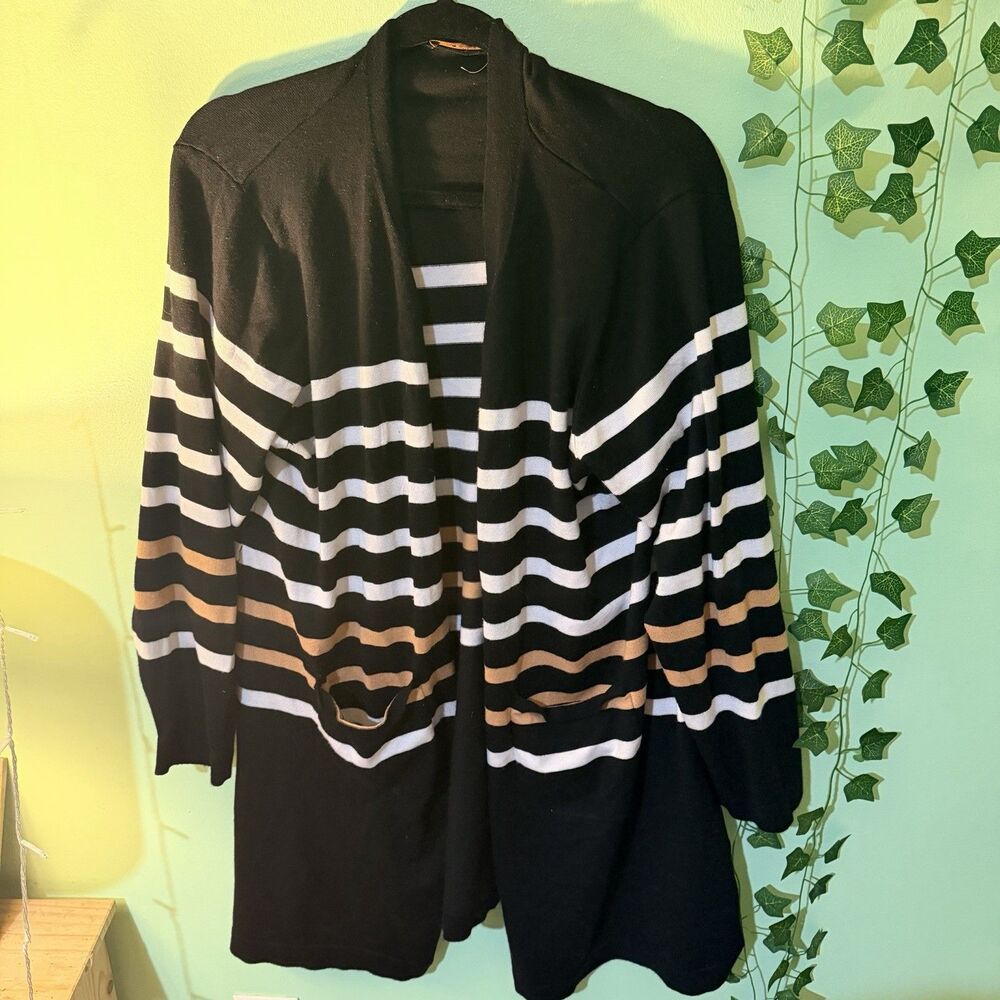 Cato Women’s Plus 1X Open Front Striped Knit Cardigan Sweater 3/4 Sleeve